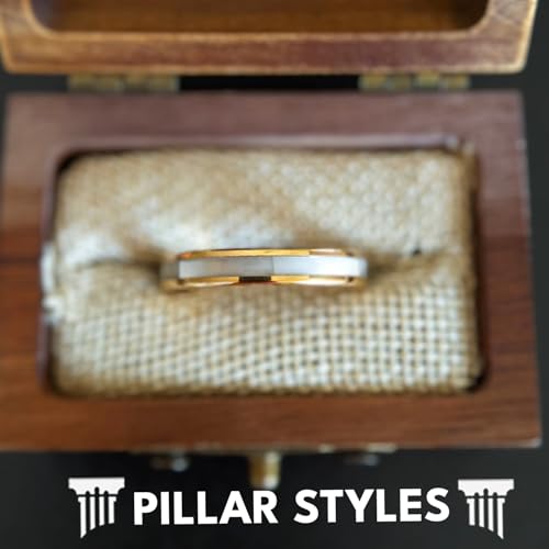 Thin 14K Gold Mother of Pearl Rings for Men Wedding Bands Tungsten Ring with Pearl Inlay 4mm Unique Yellow Gold Engagement Bands for Women Tropical Anniversary Gifts for Couples