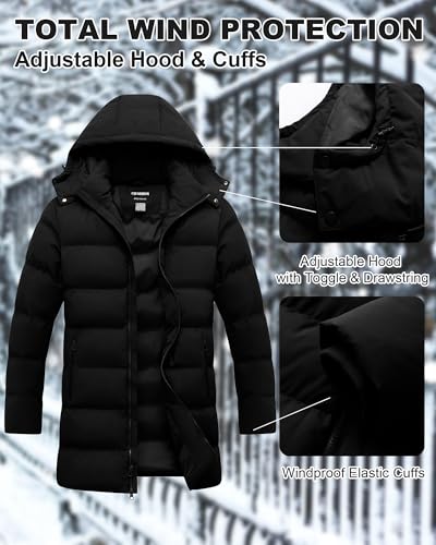 CTFASHION Mens Winter Coats Long Bubble Jacket Quilted Puffer Jackets Warm Thick Insulated Windproof Outdoor Padded Parka Coat Hooded Waterproof Thicken Puffy Down Windbreaker Black L
