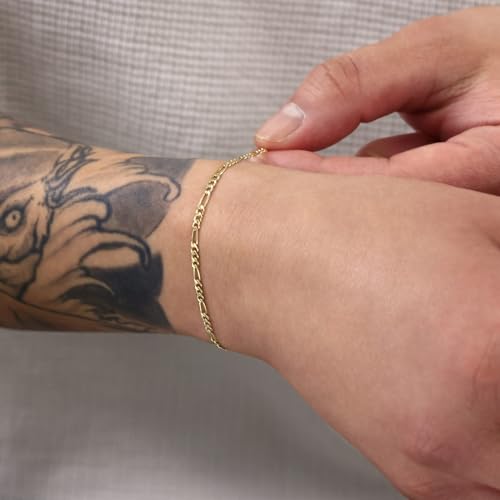Nuragold 10k Real Yellow Gold Figaro Link 2.5mm Chain Bracelet (7"-9") - 7"