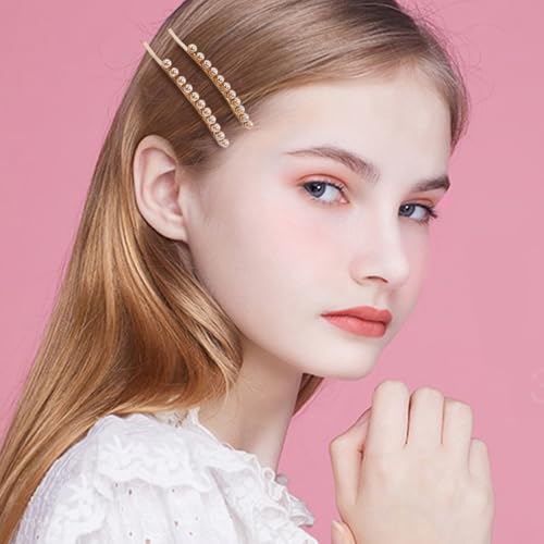 2 Pcs Shell Pearl Hair Barrettes for Women Gold Plated Elegant Simple Row Pearls Bobby Pins Decorative Hair Pins Non-Slip Hair Accessories for Bangs Half Up Hair Accessories 3.54" (Champagne)