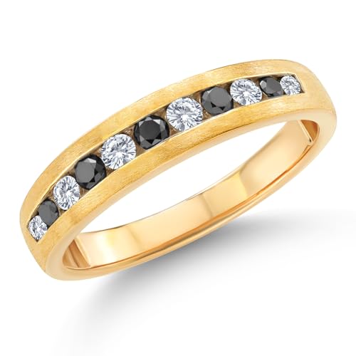 Gem Stone King Men's 10K Yellow Gold White Lab Grown Diamond and Black Diamond Satin Finish Wedding Band Ring for Men | 0.61 Cttw | Available In Size 7, 8, 9, 10, 11, 12, 13 | Size 10