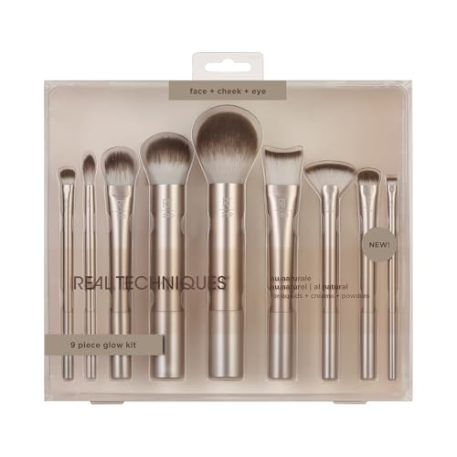 Real Techniques Au Naturale 9 Piece Makeup Brush Set, For Liquid, Cream, & Powder Foundation, Eyeshadow, Blush, & Contour, Premium Quality Face Brushes, Gift Set, Cruelty-Free