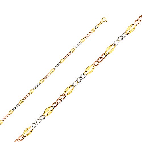 14k REAL Tri Color Gold Solid Men's 3.5mm Stamp Figaro 3+1 Diamond Cut Chain Bracelet with Spring Ring Clasp - 7.5"