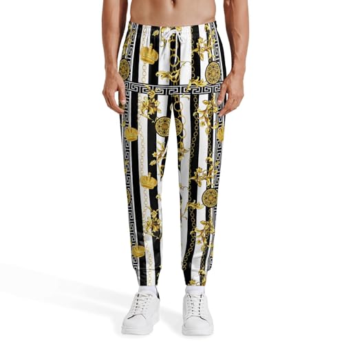 Erdomir Mens Luxury Sweatpants Black Gold Chain Print Pants Baroque Casual Design Joggers with Drawstrings L