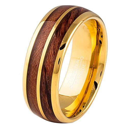 Jewelry Avalanche Dome Yellow Gold IP 8mm Split Koa Wood Inlay Wedding Band Comfort Fit - Mens Tungsten Carbide Ring - #1005s13