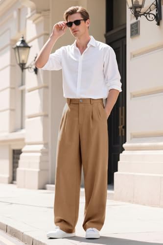 Heyfanee Mens Casual Dress Pants Loose Fit Wrinkle Free Trousers for Men Relaxed Fit Chinos Khaki 34