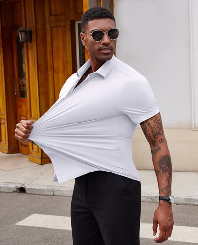 Lion Nardo Stretch Dress Shirts for Men Short Sleeve Slim Fit Casual Button Down Shirts Muscle Fit Men's Dress Shirts