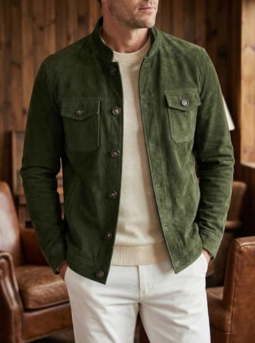 Vatwib Men's Vintage Trucker Suede Jacket Faux Leather Casual Western Lightweight Blazer Sport Coat（Green，L）