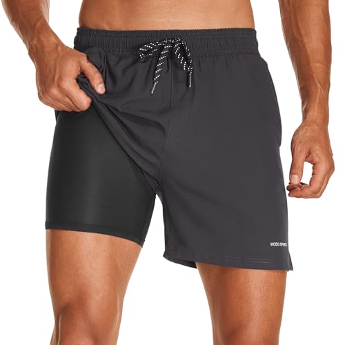 HODOSPORTS Mens Swim Trunks 5" Inseam Quick Dry Swimsuit with Compression Liner and Pockets Swimming Shorts Grey