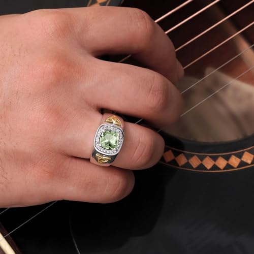 Gem Stone King 2.31 Ct Green Prasiolite and Lab Grown Diamond Men's Ring | 925 Silver and 10K Yellow Gold | Cushion Cut 8MM | Gemstone Birthstone | Available in Size 7, 8, 9, 10, 11, 12, 13 | Size 7