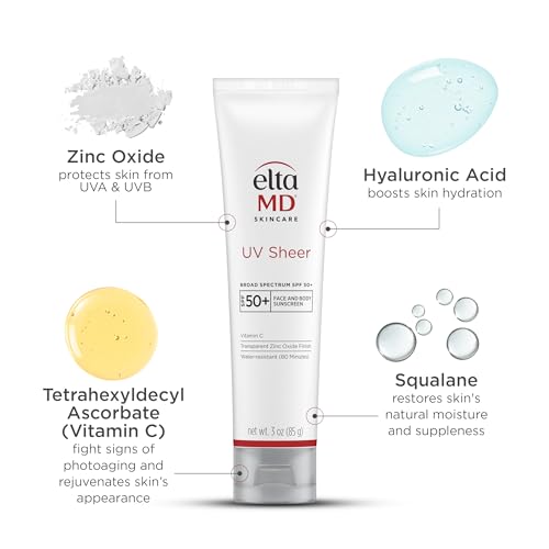 EltaMD UV Sheer Face and Body Sunscreen with Zinc Oxide, SPF 50+, 3 oz