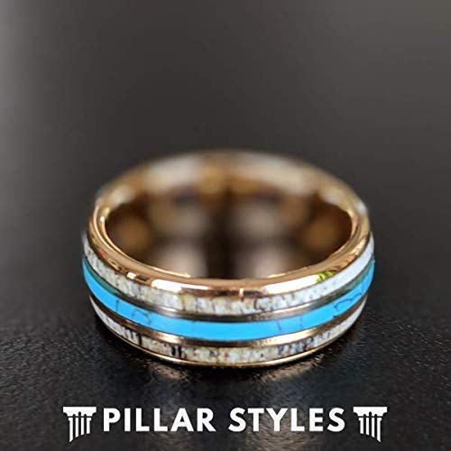 Rustic Deer Antler Rings for Men Tungsten Rustic 18K Rose Gold Ring Mens Wedding Band with Turquoise Inlay 8mm Unique Nature Inspired Outdoorsman Anniversary Gifts for Him