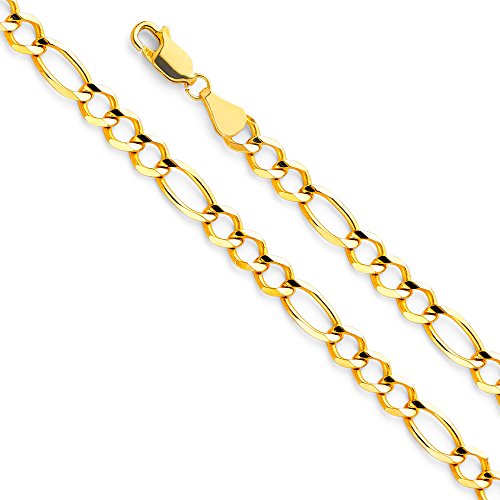 14k REAL Yellow Gold Solid Men's 4.5mm Figaro 3+1 Open Chain Bracelet with Lobster Claw Clasp - 7.5"
