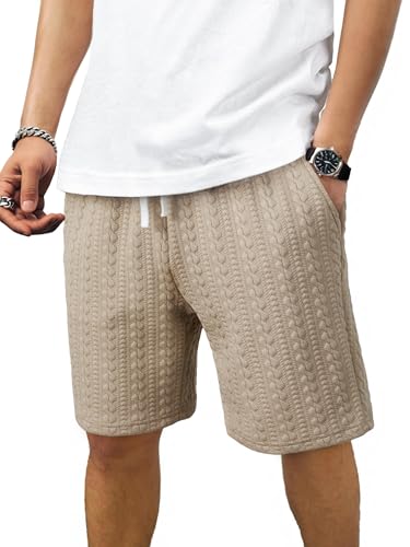 JMIERR Men's Casual Essentials Shorts Cable Knit Textured Elastic Waist Drawstring Shorts with Pockets for All Day Comfort, Light French Beige, XX-Large
