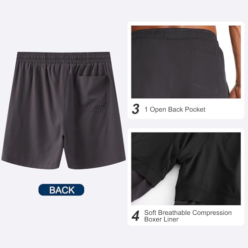 HODOSPORTS Mens Swim Trunks 5" Inseam Quick Dry Swimsuit with Compression Liner and Pockets Swimming Shorts Grey