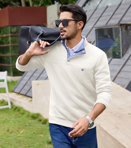 URRU Quilted Sweatshirts for Men Contrast Stand Collar Casual Quarter Button Long Sleeve Cotton Pullover Sweater White XXL