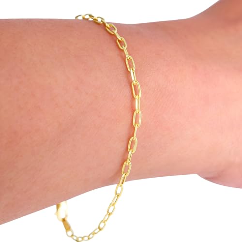 Nuragold 14k Real Yellow Gold Paperclip Chain Cable Link Italian Bracelet - 3mm,7"