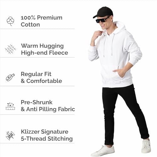 Klizzer Luxury Mens Zip Up Hoodie of Cotton Fleece Heavyweight sweatshirt hoodie (White, XL)