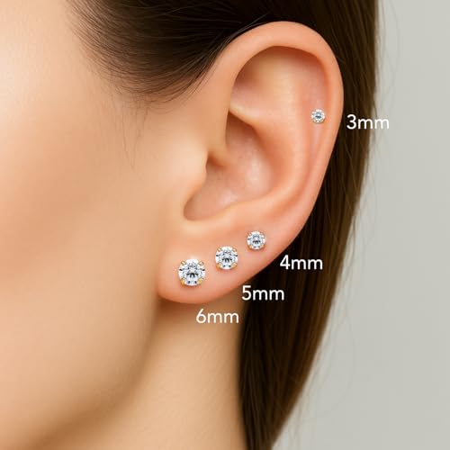14k Yellow Gold Solitaire Round Cubic Zirconia Stud Earrings Pushbacks 3mm