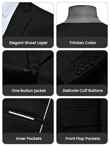 WULFUL Men's Slim Fit 3 Piece Suit, One Button Solid Blazer Business Party Jacket Vest Pants Set Black