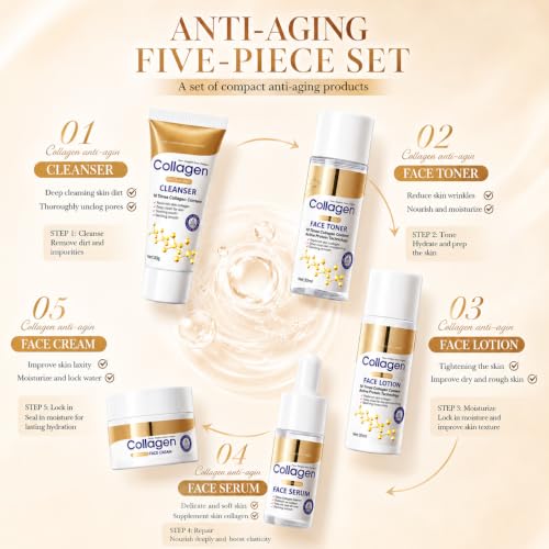 Tiejdhr Collagen Anti-Aging Travel Skincare Set, 5-Piece Moisturizing Kit