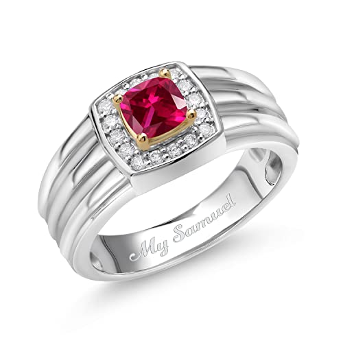 Gem Stone King Men's 925 Silver and 10K Yellow Gold Customized and Personalized 4MM Cushion Cut Gemstone Birthstone and White Lab Grown Diamond Ring (Size 7)