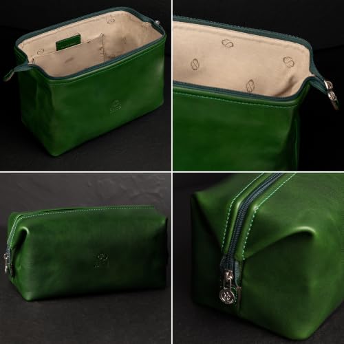 Time Resistance Leather Toiletry Bag - Italian Cosmetic Case Dopp Kit (Green)