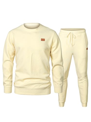 JMIERR Knit Jacquard Track Suits for Men Set 2 Piece Comfiest Airport Outfits Long Sleeve Sweatshirts & Running Joggers Sweatpants, Fall Tracksuit Sweatsuits Matching Lounge Sets, M, Apricot