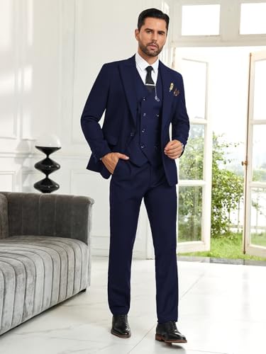 Navy Blue Suit Men 3 Piece Slim Fit Suit Big and Tall Suits for Men Business Casual Wedding Tuxedo Suits Set Large