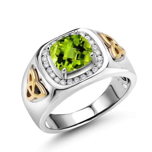 Gem Stone King Two-Tone Cushion Cut Ring for Men | CHK Peridot | 11