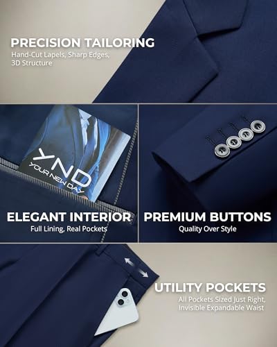 YND Men's 2 Piece Suit with Tie, One Button Slim Fit Solid Jacket and Pants Set, Suits for Men Prom Party Wedding & Business, Deep Blue