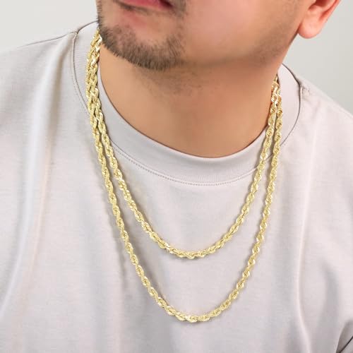 Nuragold 14K Real Yellow Gold Rope Chain Diamond Cut Necklace Men & Women - 6mm,24"