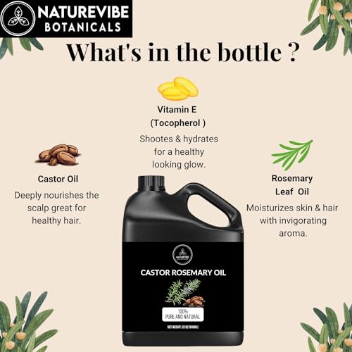 Naturevibe Botanicals Castor Rosemary Oil 32 Ounces | 100% Pure and Natural | Great for Skin Care and Hair Care