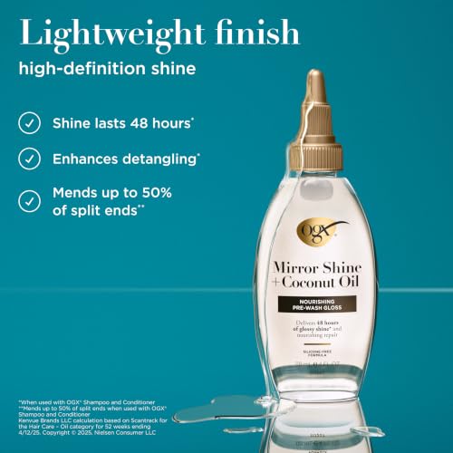 OGX Mirror Shine + Coconut Oil Pre-Wash Hair Gloss, Nourishing Rinse Out Hair Treatment for 48 Hours of Glossy Shine & Damage Repair, Lightweight Oil Mends Split Ends, 4 fl. oz