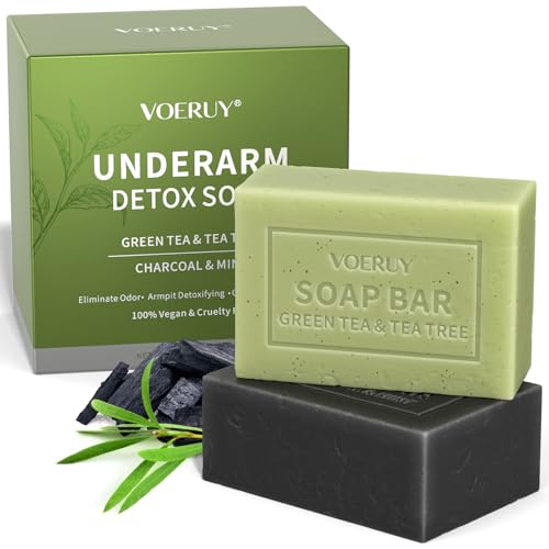 Underarm Detox Soap, 2 Pcs Armpit Detox Soap with Green Tea & Tea Tree, Charcoal & Mint for Eliminating Odor, Exfoliating, Moisturizing , Bar Soaps for Legs, Knee, Feet, Hands Whole Body - 10 oz（280g）