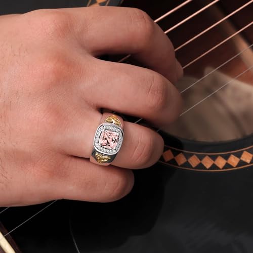 Gem Stone King 2.26 Ct Peach Nano Morganite and Lab Grown Diamond Men's Ring | 925 Silver and 10K Yellow Gold | Cushion 8MM | October Birthstone | Available in Size 7, 8, 9, 10, 11, 12, 13 | Size 11