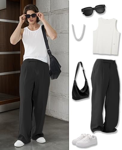 Susclude Wide Leg Dress Pants Men Pleated Old Money Baggy Casual Pants for Men Relaxed Fit Trousers with Slant Pockets Black