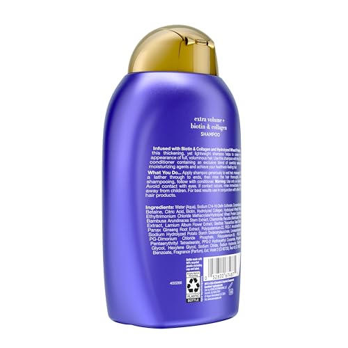 OGX Thick & Full + Biotin Collagen Extra Strength Volumizing Shampoo with Vitamin B7 Hydrolyzed Wheat Protein for Fine Hair. Sulfate-Free Surfactants Thicker, Fuller Hair, 13 Fl Oz
