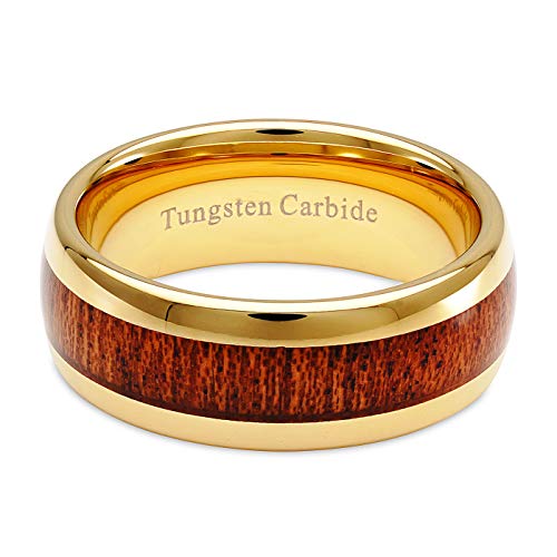 100S JEWELRY Engraved Personalized Tungsten Ring for Men Women Wedding Band Koa Wood Inlaid Gold Plated Size 6-16 (Tungsten, 10)