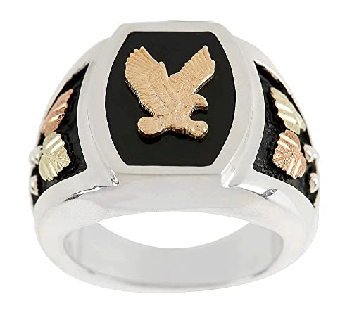 The Men's Jewelry Store 10k Yellow Bald Eagle Antiqued Ring, Sterling Silver, 12k Green and Rose Gold Black Hills Gold Motif, Size 13