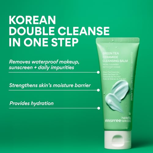 innisfree Green Tea Ceramide Cleansing Balm for Korean Double Cleanse | Melts Away Waterproof Makeup, Sunscreen, and Daily Impurities | Hydrates and Strengthens Moisture Barrier | Mess Free Tube