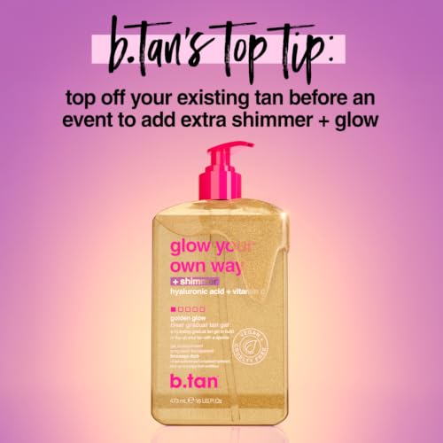b.tan Clear Gradual Self Tan Gel | Glow Your Own Way Shimmer - Sunkissed Golden Bronze, Transfer Free, Best Extender, Moisturizing, Non Toxic Sunless Tanning Lotion, No Fake Tanner Smell, 16 Fl Oz
