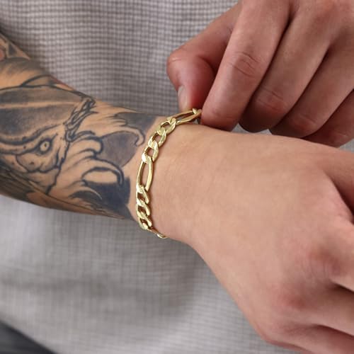 Nuragold 14k Real Yellow Gold Figaro Link 7.5mm Chain Bracelet (7"-9") - 8.5"