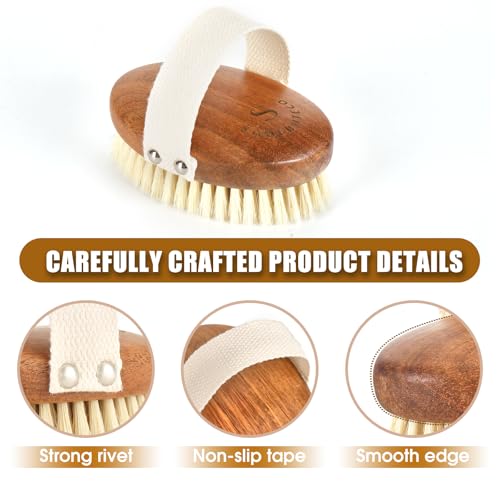 SAMEBUTECOBody Brush Solid Acacia Wood Boar Long Bristles Bath Brush for Skin Exfoliation,Lymphatic Drainage Improvement Oval Shape Dry Brush Comfort to Hold Works