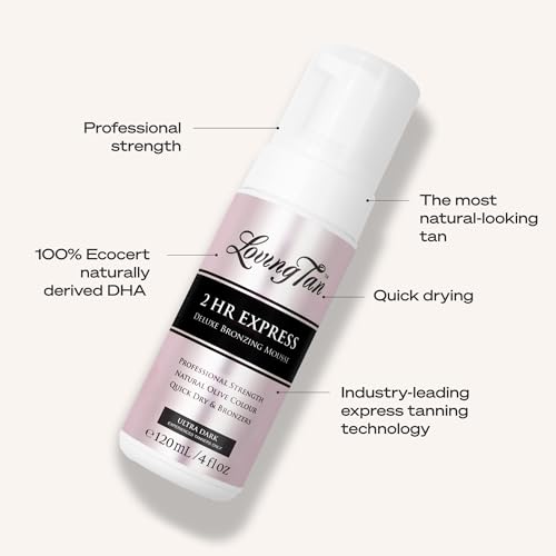 Loving Tan 2 HR Express Self Tanning Mousse, Ultra Dark - Streak Free, Natural, Professional Quality - 5+ Sunless Self Tanner Applications per Bottle, Cruelty Free, Naturally Derived DHA - 4 FL Oz