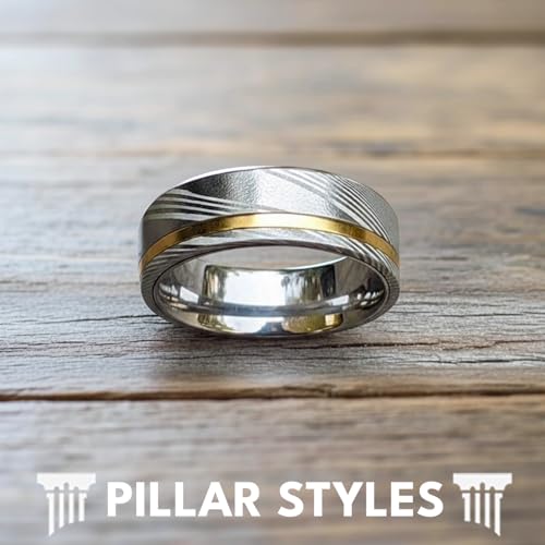 Silver Damascus Ring 14K Gold Mens Wedding Band Damascus Steel Ring with Yellow Gold Inlay 8mm Unique Two Tone Engagement Bands