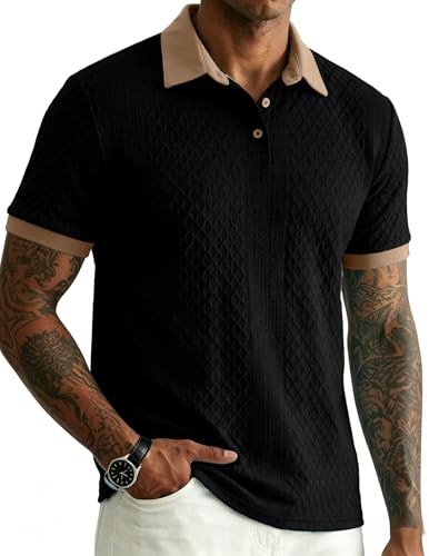 JMIERR Polo Shirts for Men Classic Fit Short Sleeve Casual Soft Button Old Money Textured Cable Knit Quiet Luxury Shirt, XL, Black