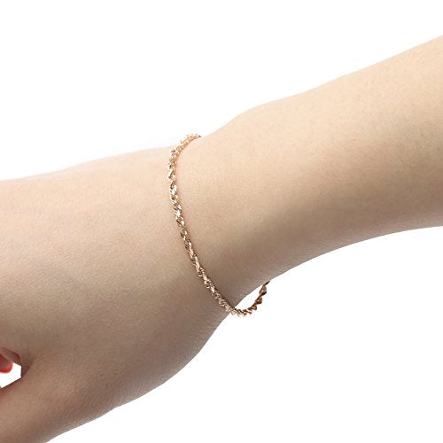 Floreo 10k Rose Gold 2.5mm Solid Rope Chain Diamond Cut Bracelet or Anklet 7 Inch