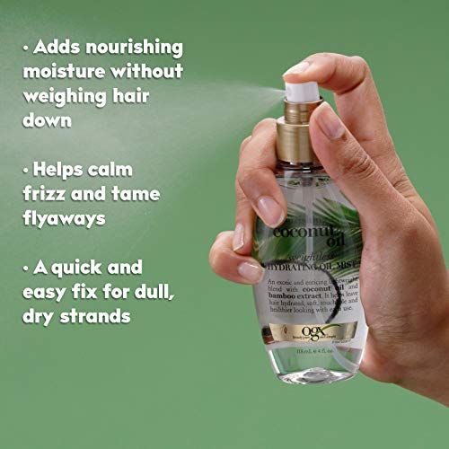 OGX Nourishing + Coconut Oil Weightless Hydrating Oil Hair Mist, Lightweight Leave-In Hair Treatment with Coconut Oil & Bamboo Extract, Paraben & Sulfate Surfactant-Free, 4 Fl Oz