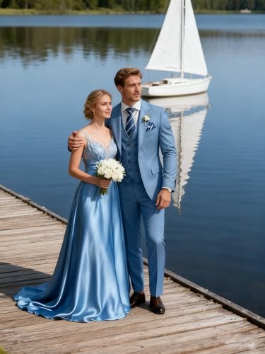 TIJOFA Dusty Blue Suits for Men 3 Piece Suit Slim Fit Double Breasted Men's Dusty Blue Tuxedo Elegant Classic Fit Wedding Formal Business Prom Party Tuxedo Classic Groom Dinner Casual XS